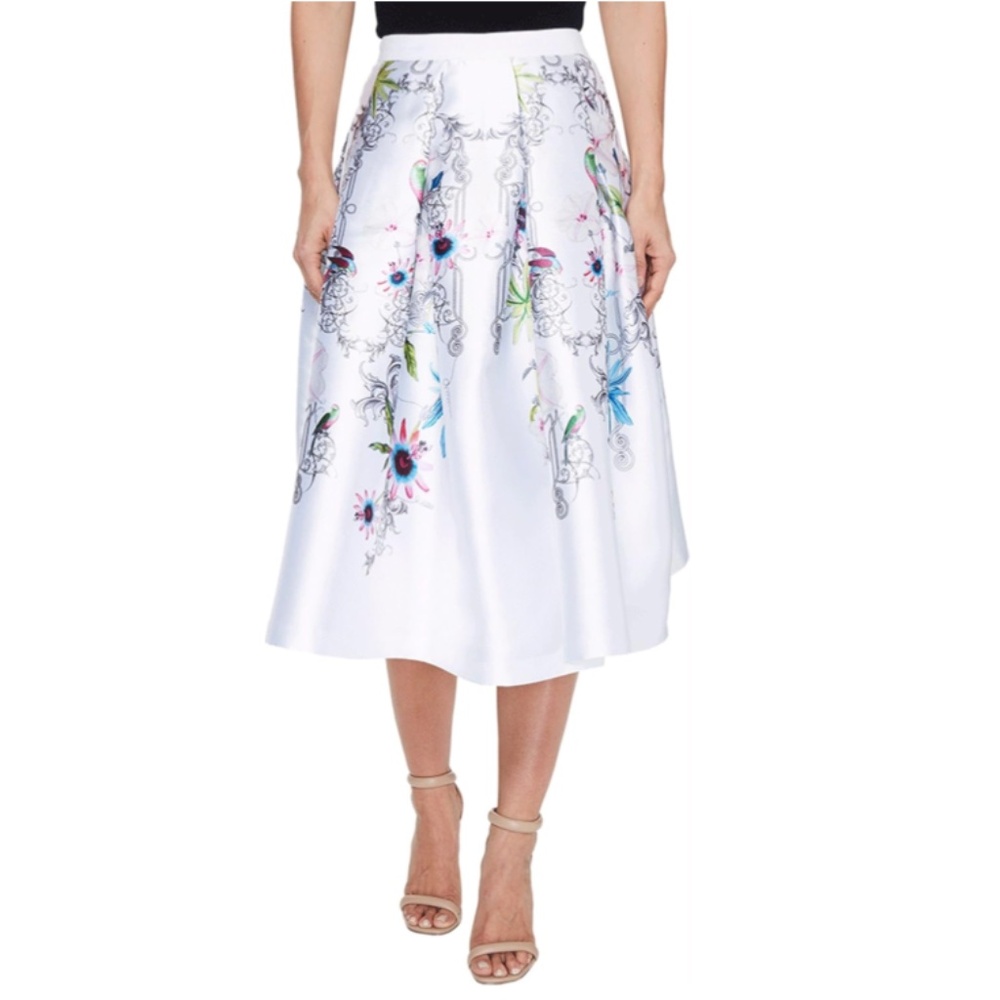 Ted Baker White Floral Petale Passion Flower Full Midi Skirt Size 1
